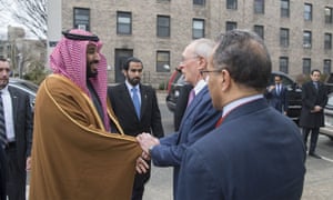 Saudi crown prince Mohammed bin Salman is welcomed by MIT president Rafael Reif in Boston, Massachusetts on 25 March. 