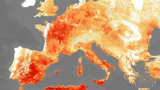 Satellite data of heat energy emitted from Europe on July 25, 2019, showing the current summers highest extremes.